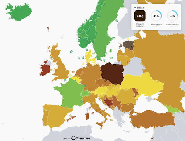 L'Estonie émettait 961g de CO2 par kilowatt-heure produit le 15 septembre 2021 à midi 